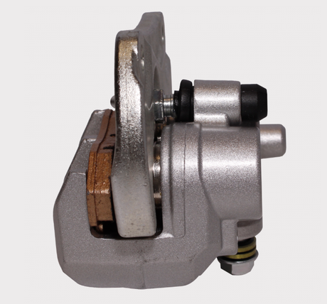 Front right brake caliper for Can-Am Maverick, OEM 705600678; silver body with copper brake pads