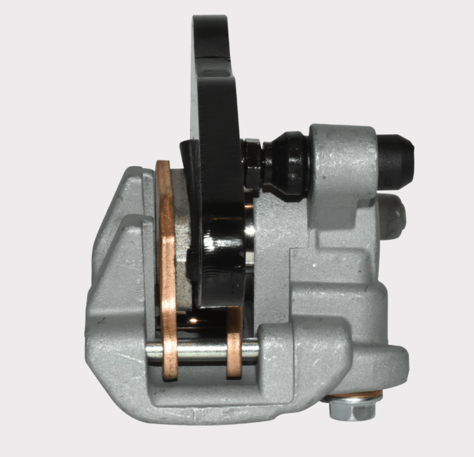 Rear right brake caliper for Can-Am Defender/Traxter (2016–2020); gray housing with copper shims