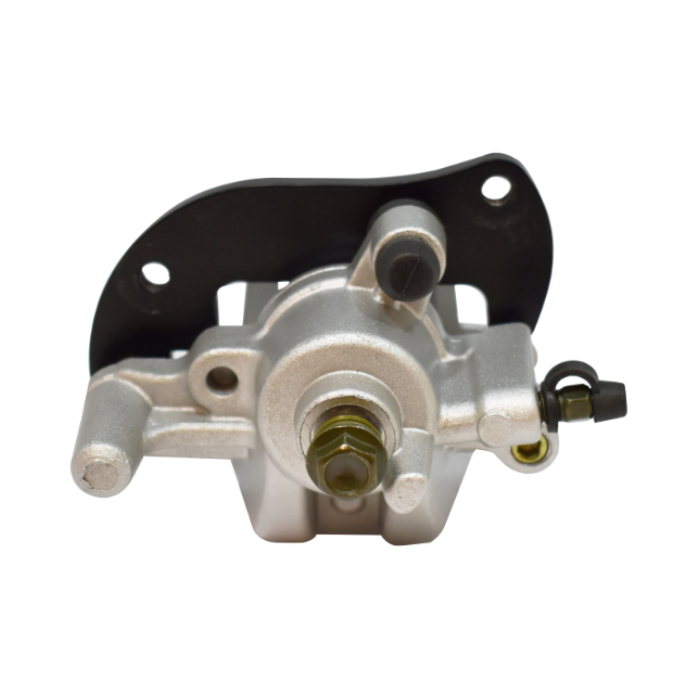 Rear left brake caliper, silver alloy body with black mounting bracket