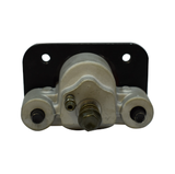 Front right brake caliper with black mounting plate, silver body