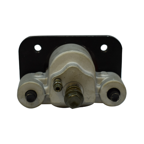 Front right brake caliper with black mounting plate, silver body