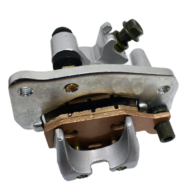 Front left brake caliper for Suzuki KingQuad LT-A series, silver housing with copper brake pad