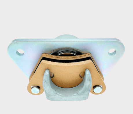 Polaris Ranger Diesel rear brake caliper direct replacement, tan mounting bracket with silver hardware