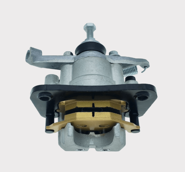 Rear right brake caliper for Kawasaki Mule Pro-DX/DXT Diesel (2016–2023), gray-silver housing with gold pad.