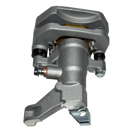 Rear brake caliper assembly, silver metal with mounting bracket