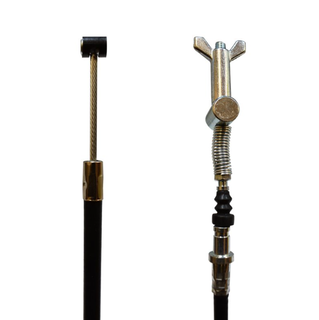 Rear hand brake cable assembly with black outer sheath and silver fittings, two-piece components