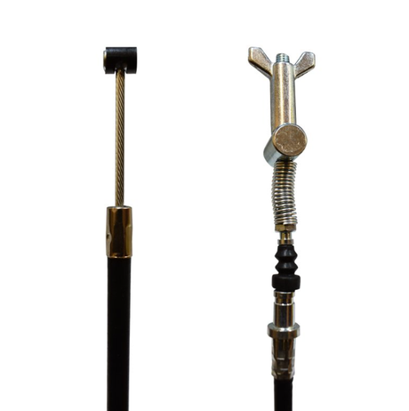 Rear hand brake cable assembly with black outer sheath and silver fittings, two-piece components