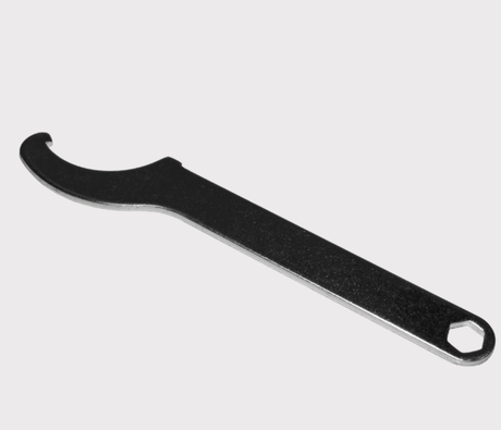 Front shock absorber adjustment wrench by Hyper, black metal with curved hook end