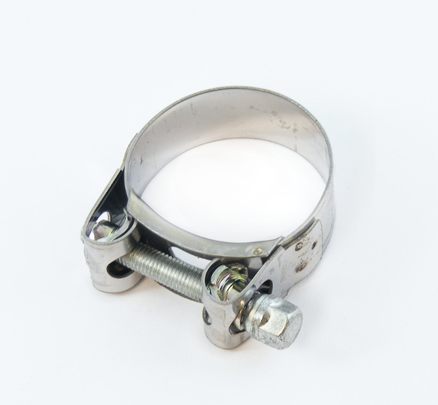 Exhaust clamp, 43mm stainless steel, ATV City brand; for ATV exhaust systems.