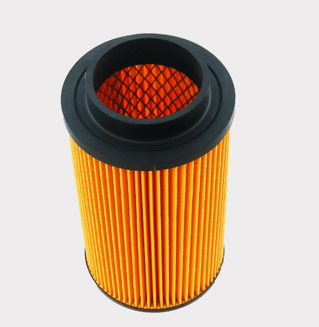 Air filter element with orange pleated media and black rubber end caps