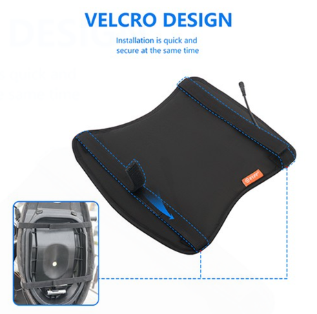 ATV City heated seat cover for ATVs/UTVs, 12V, 3 heat settings, black with blue stitching, Velcro design