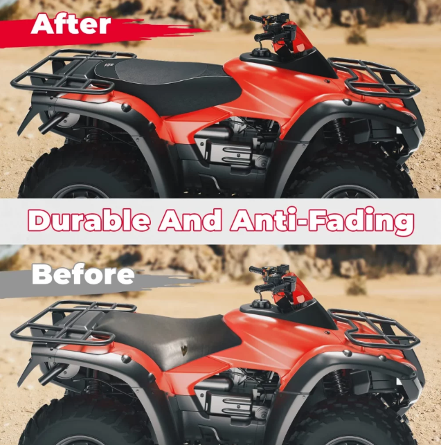 ATV seat cover, waterproof 1680D Oxford cloth, shown on red ATV.