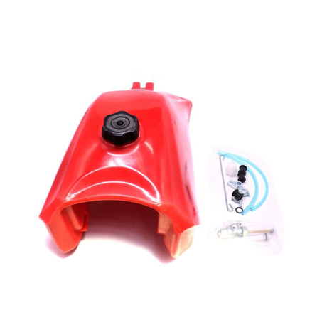 Fuel tank for Honda TRX300 FourTrax 1993–2000 in red, with hose kit and fittings.