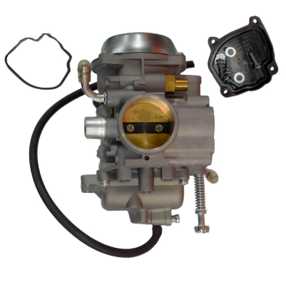 Carburetor assembly with gasket set for LT-4WD QuadRunner 250 ATV; silver metal body, black hose