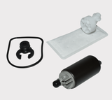 Fuel pump kit for Suzuki LT-A400/LT-F400 KingQuad; includes black pump, O-ring, mount clip, and filter sock (4-piece)