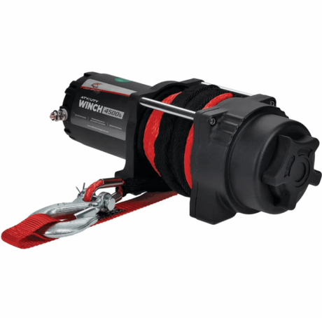 All Balls Racing 4500lb synthetic rope winch, 12V wired with remote, black housing with red rope