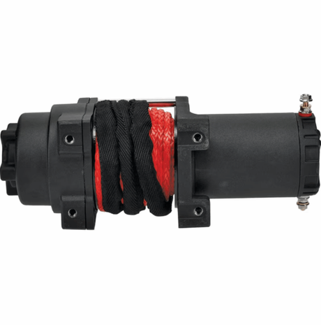 Winch by All Balls Racing, 4500lb synthetic rope winch with red and black rope, 12V wired remote.