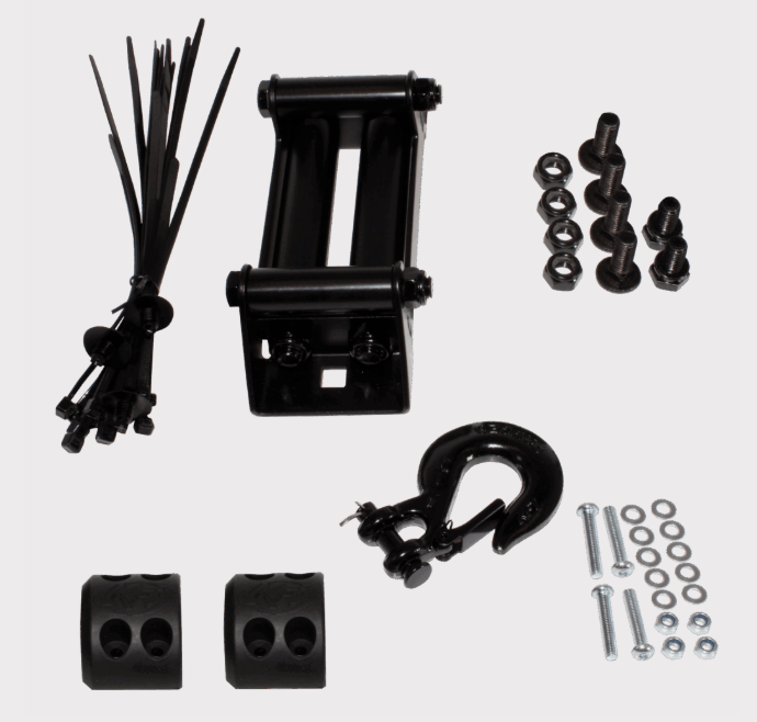 KFI winch kit with synthetic line, mounting bracket, two blocks, hook, and mounting hardware.