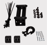 KFI winch kit with synthetic line, mounting bracket, two blocks, hook, and mounting hardware.