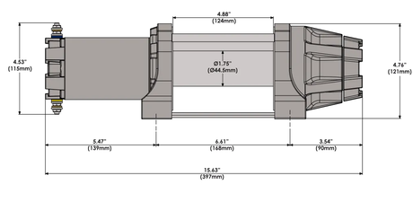 KFI 5000lb winch AS50WX Assault Series with wide synthetic cable and dash switch - dimensioned engineering drawing