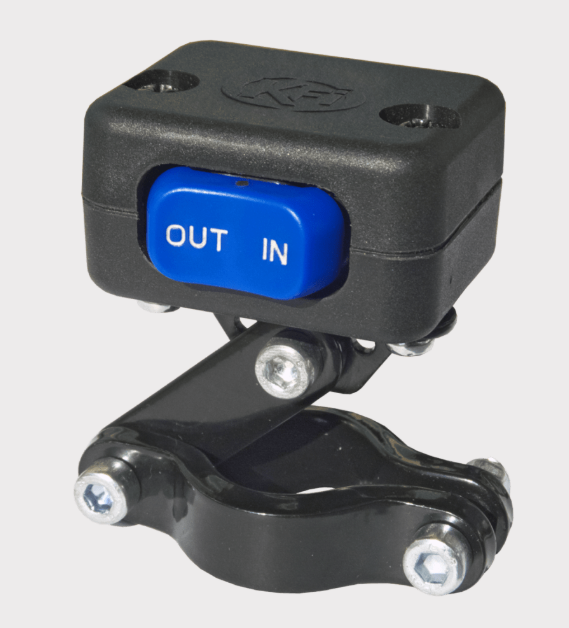 KFI AS-35 Assault winch mounted on black bracket with blue IN/OUT switch