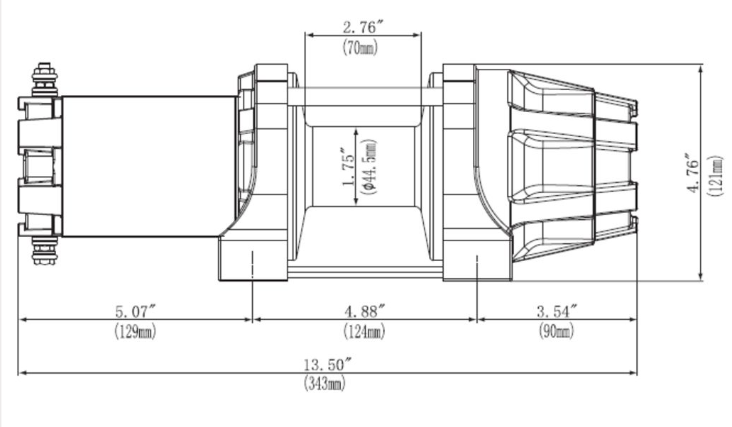 Winch: KFI AM-25 Assault Series 2500 lb steel cable winch with 12V handlebar switch, dimensioned drawing.