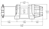 Winch: KFI AM-25 Assault Series 2500 lb steel cable winch with 12V handlebar switch, dimensioned drawing.