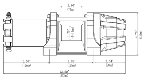 Winch: KFI AM-25 Assault Series 2500 lb steel cable winch with 12V handlebar switch, dimensioned drawing.