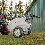 Fimco LG-30-TRL 30-Gallon Trailer Sprayer, white tank with spray wand on a wheeled trailer