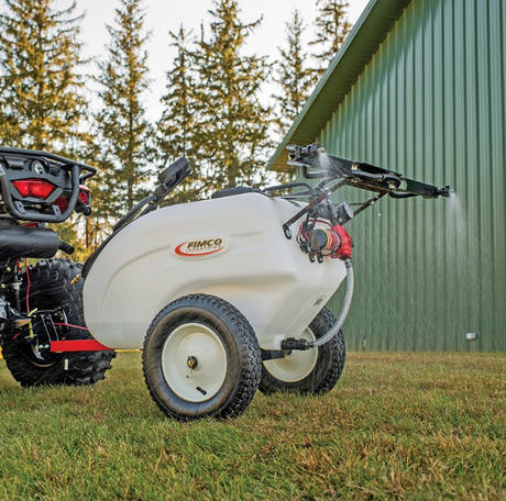 Fimco LG-30-TRL 30-Gallon Trailer Sprayer, white tank with spray wand on a wheeled trailer