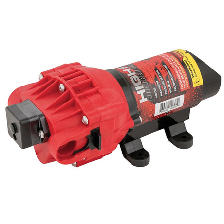Fimco LG-30-TRL 30-Gallon Trailer Sprayer red pump head with black base, lawn mower accessory.