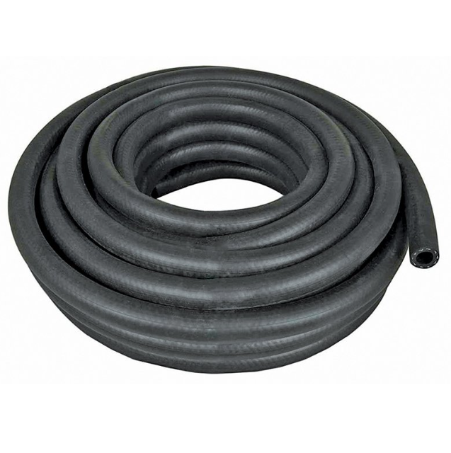Fimco trailer sprayer hose coil, black rubber hose for lawn mower accessories.