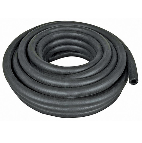 Fimco trailer sprayer hose coil, black rubber hose for lawn mower accessories.