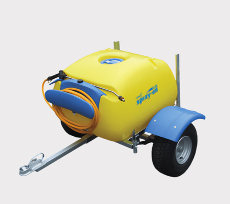 C-Dax Spray On 200 FD ATV sprayer trailer with yellow tank and blue fenders.