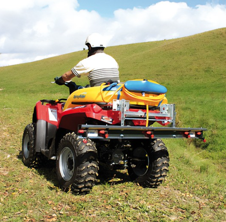 C-Dax SprayRider 80 ATV sprayer on red quad with rear-mounted 80L yellow tank