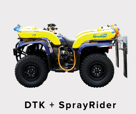 C-Dax SprayRider 50 G2 ATV spot sprayer on a yellow and blue ATV; 50L capacity, front or rear mounted