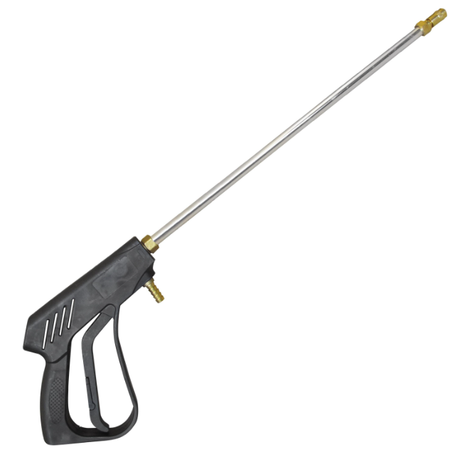 Fimco spray gun with long stainless-steel wand, black ergonomic handle and brass fittings