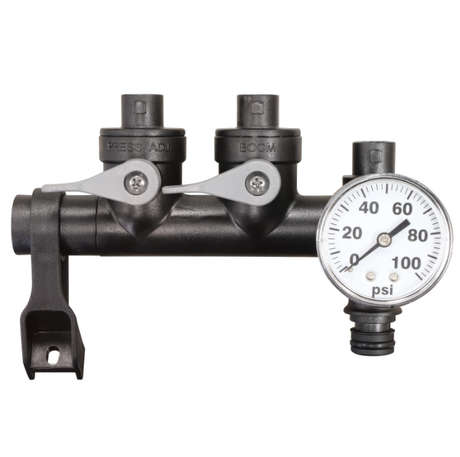 Fimco black spray manifold with dual valves and pressure gauge for lawn sprayer