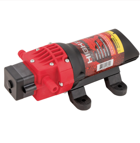 Fimco sprayer pump, red plastic body with black mounting brackets, 12V high-flow unit