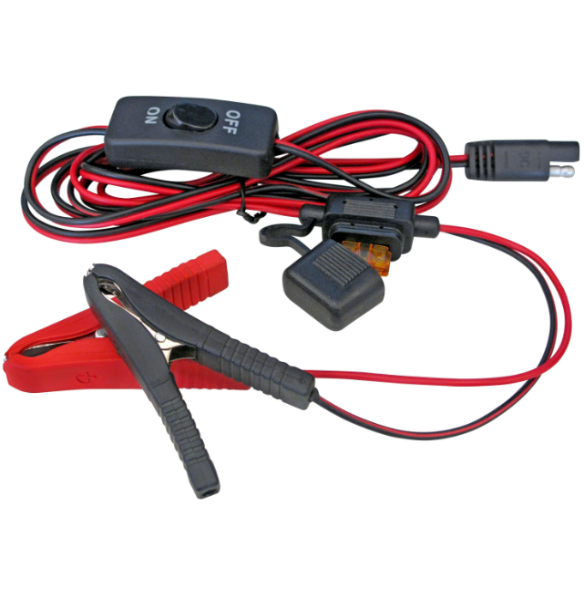 Fimco LG-15-EC 12V high-flow sprayer pump wiring harness with battery clamps and on/off switch