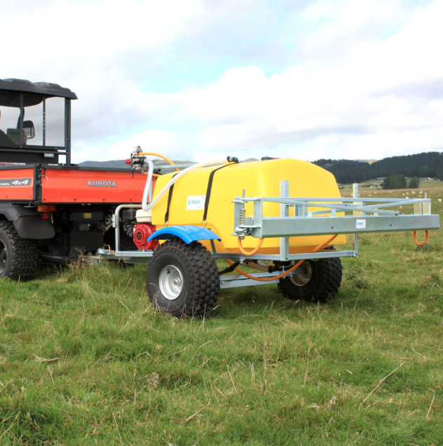 C-Dax Spray-On 500 Flat Deck Sprayer, 500L trailer-mounted sprayer with yellow tank.