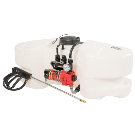 Fimco LG-25-HV 25 gal white ATV spot sprayer with red pump and deluxe pistol grip wand