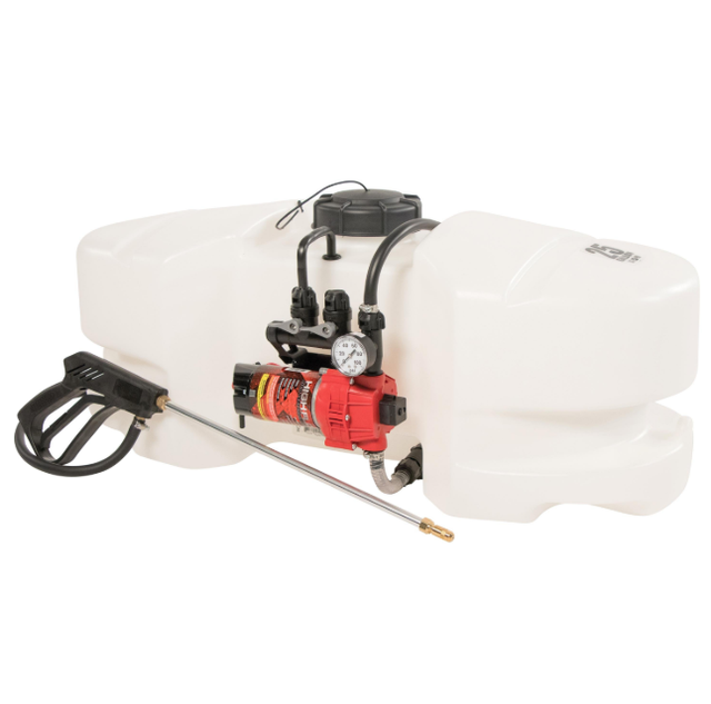 Fimco LG-25-HV 25 gal white ATV spot sprayer with red pump and deluxe pistol grip wand