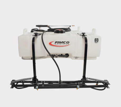 Fimco UTV sprayer with 246 L tank and 140-inch boom, white plastic tank with Fimco logo mounted on a black frame.
