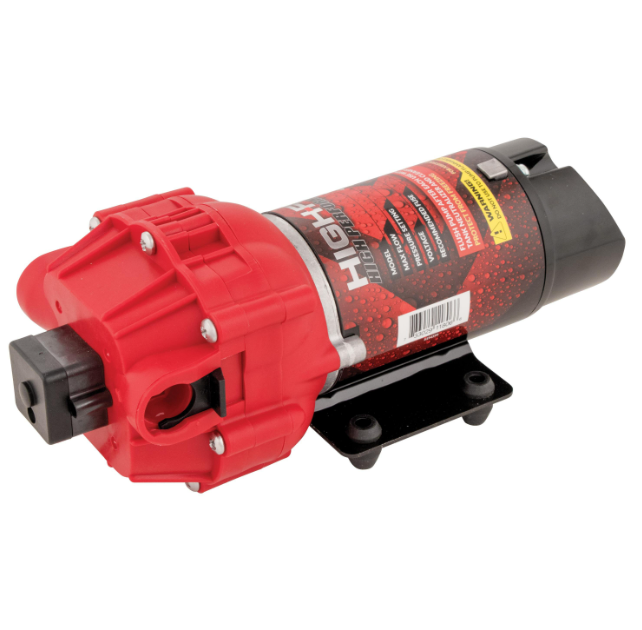 Fimco sprayer pump assembly with red housing and black mounting bracket, 12V