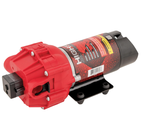 Fimco sprayer pump assembly with red housing and black mounting bracket, 12V