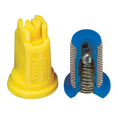 Fimco sprayer nozzle components: yellow plastic cap and blue valve housing