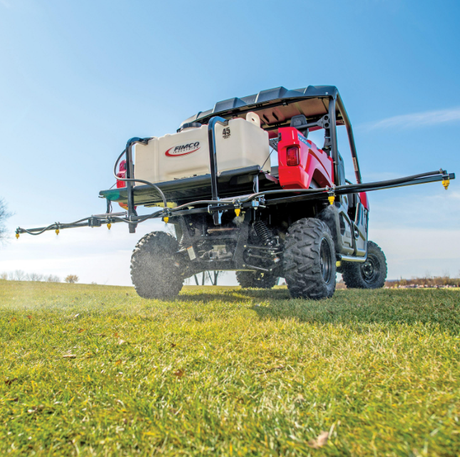 FIMCO UTV Sprayer with 45 gal tank and 12 ft boom on a red utility vehicle