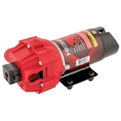 Fimco UTV sprayer pump assembly; red inline pump on black mounting bracket, 12V, 4.5 GPM.