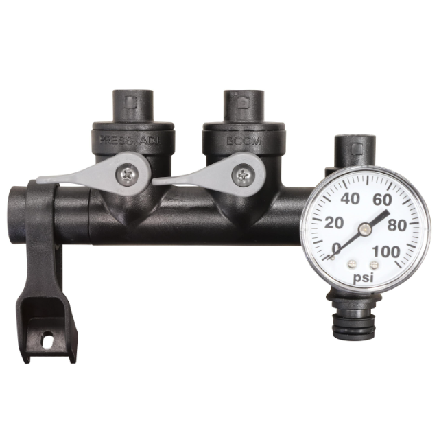 Fimco sprayer boom manifold with 3 outlets and pressure gauge, black plastic construction for UTV sprayers.
